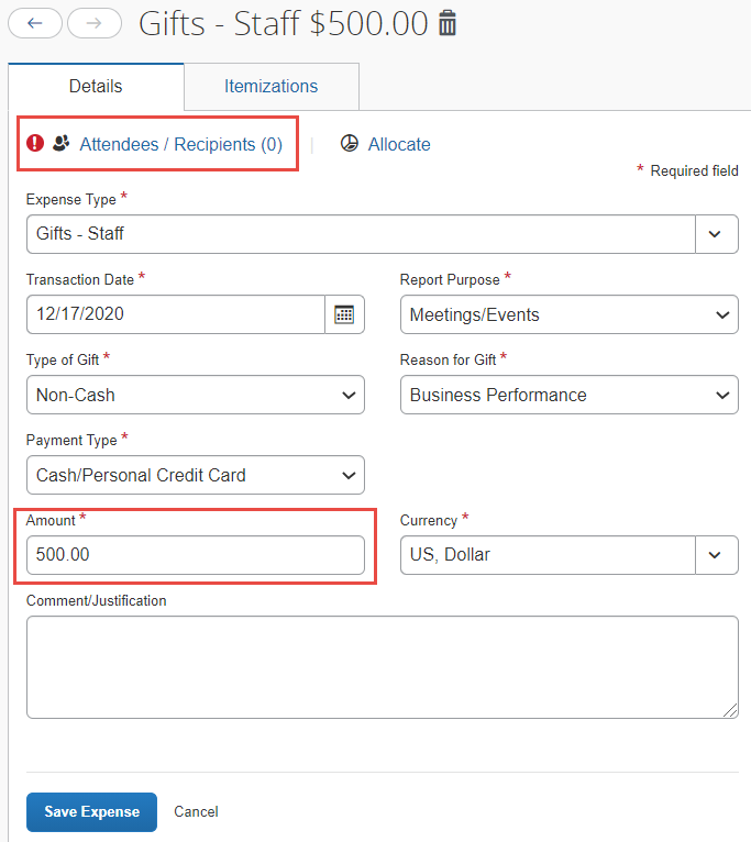 How do I add attendees/recipients to a Group Meal, Entertainment, or